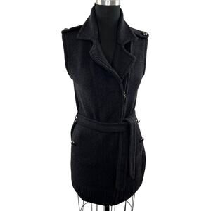 TORY BURCH Dark Gray Merino Wool Belt Full Zip Sleeveless Sweater Jacket Vest S